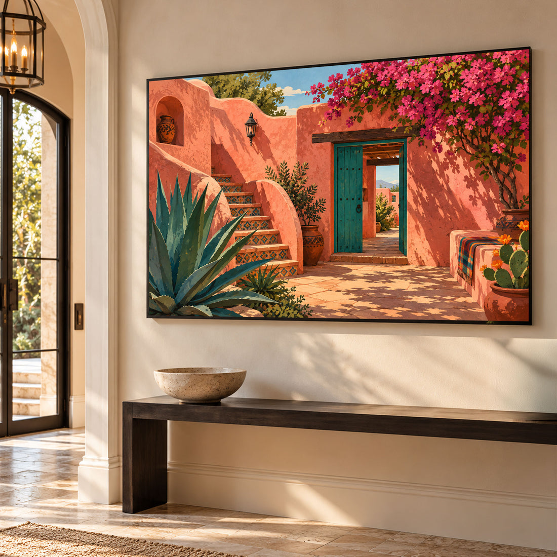 Southwestern-style Art . A courtyard with terracotta walls, bright pink bougainvillea, an agave plant, and a turquoise door, 