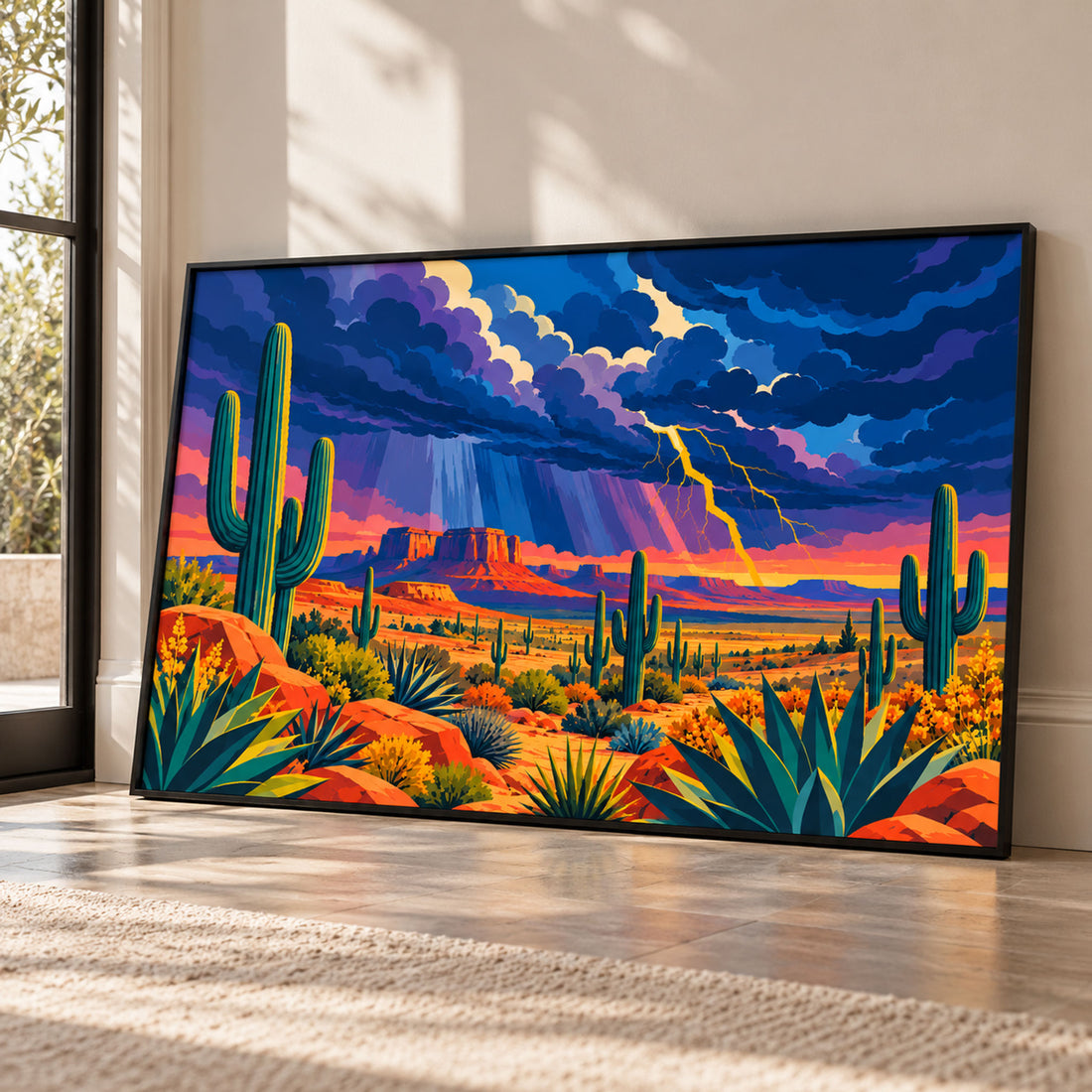 Colourful Southwestern desert wall art featuring saguaro cacti, lightning storm, red Arizona mesas and mid-century modern landscape illustration