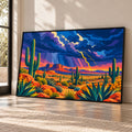Colourful Southwestern desert wall art featuring saguaro cacti, lightning storm, red Arizona mesas and mid-century modern landscape illustration
