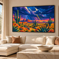 Colourful Southwestern desert wall art featuring saguaro cacti, lightning storm, red Arizona mesas and mid-century modern landscape illustration