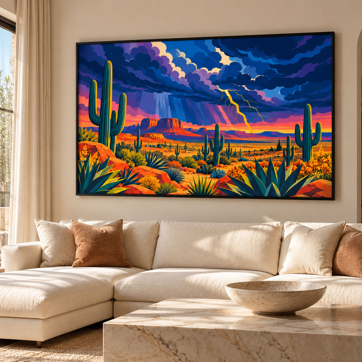 Colourful Southwestern desert wall art featuring saguaro cacti, lightning storm, red Arizona mesas and mid-century modern landscape illustration