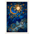 sun moon and stars blue, gold, stain glass wall art print