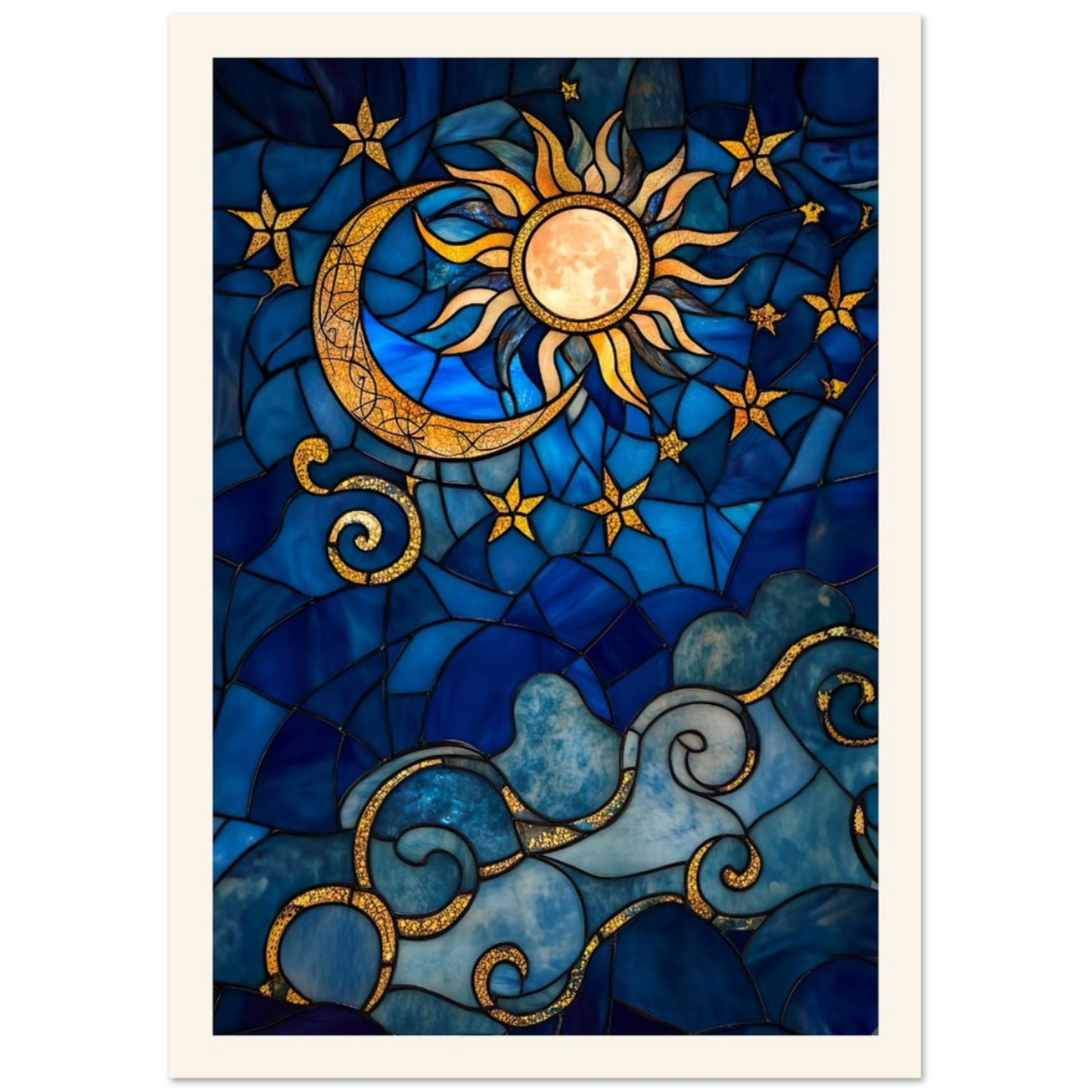 sun moon and stars blue, gold, stain glass wall art print