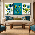 Mid century floral wall art set of 3 with retro botanical flowers in teal, blue and green. Geometric prints for living rooms, bedrooms and dining rooms