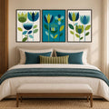 
Mid century floral wall art set of 3 with retro botanical flowers in teal, blue and green. Geometric prints for living rooms, bedrooms and dining rooms