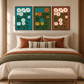 

70s Scandinavian floral wall art set of 3 with mid century modern folk flowers in teal, green, burnt orange and cream