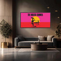 The Endless Summer official licensed panoramic framed canvas art print John Van Hamersveld neon pink orange sunset gallery canvas  living room  Modern living room with a 'The Endless Summer' artwork on the wall.