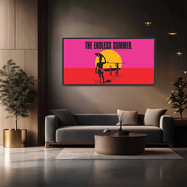 The Endless Summer official licensed panoramic framed canvas art print John Van Hamersveld neon pink orange sunset gallery canvas  living room  Modern living room with a 'The Endless Summer' artwork on the wall.