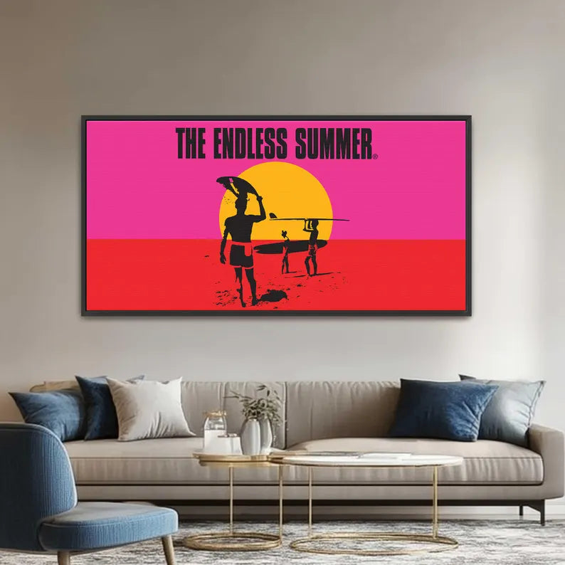 The Endless Summer official licensed panoramic framed canvas art print John Van Hamersveld neon pink orange sunset black canvas floater frame living room 