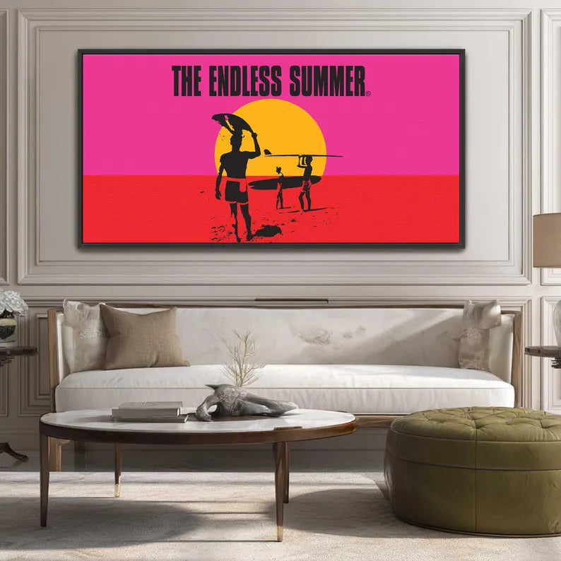 The Endless Summer official licensed panoramic framed canvas art print John Van Hamersveld neon pink orange sunset framed canvas  living room 