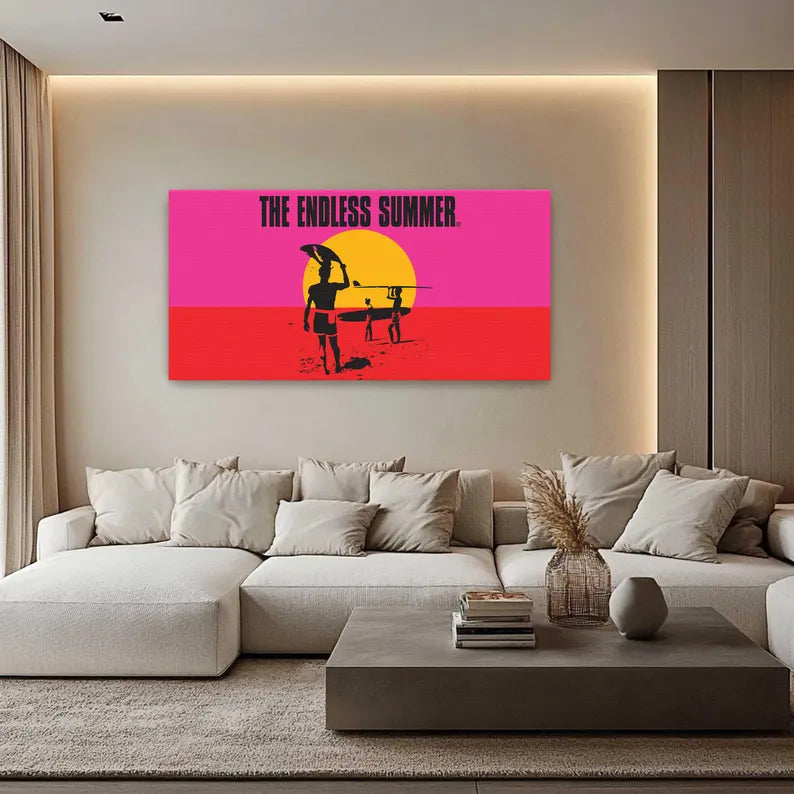 The Endless Summer official licensed panoramic framed canvas art print John Van Hamersveld neon pink orange sunset black canvas floater frame living room 