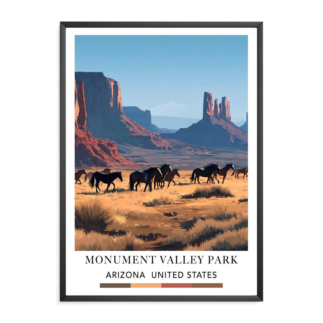 Framed artwork of Monument Valley with horses and desert landscape
