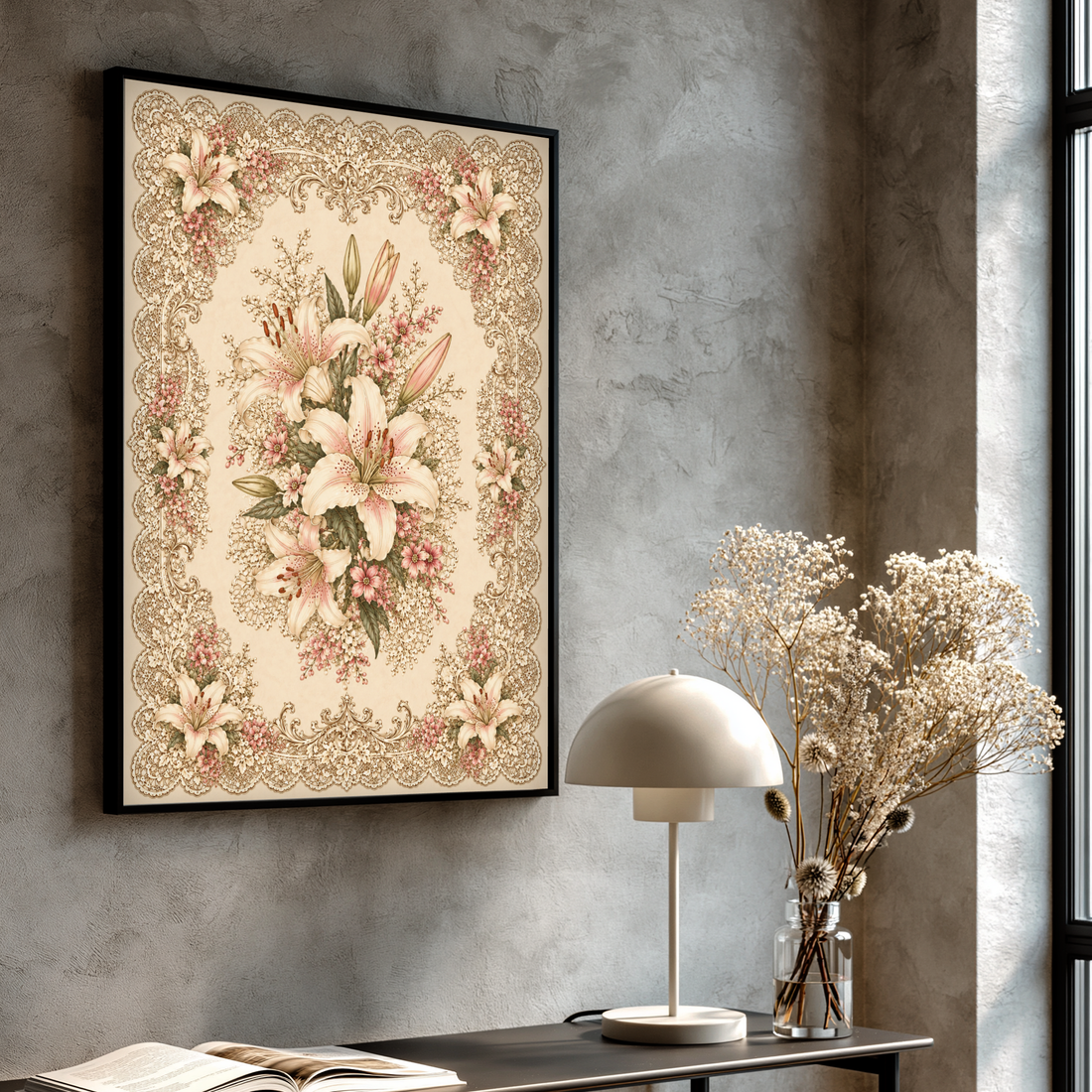 Victorian Lace Wall Art White Lily Print