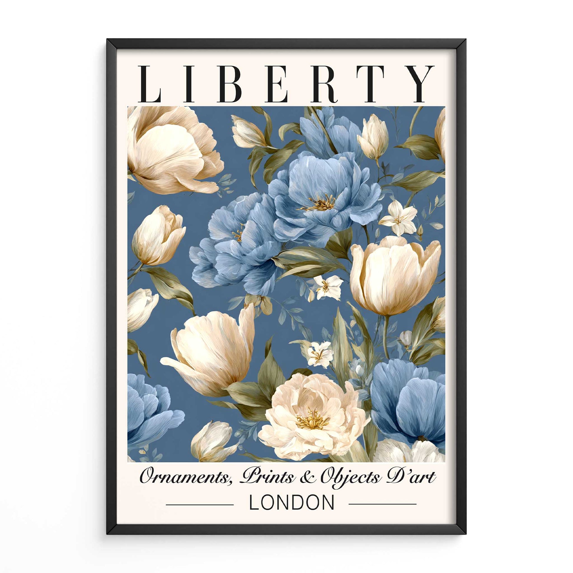 Vintage Blue Floral Wall Art Print
black Framed Floral Wall Art  on a blue background 