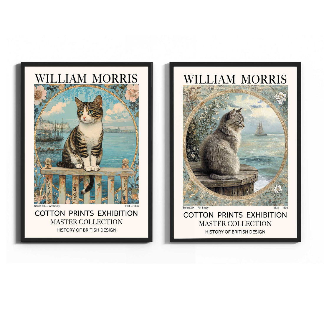 Vintage Grey cats on a railing with ocean view, William Morris'style print