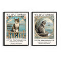 Vintage Grey cats on a railing with ocean view, William Morris'style print