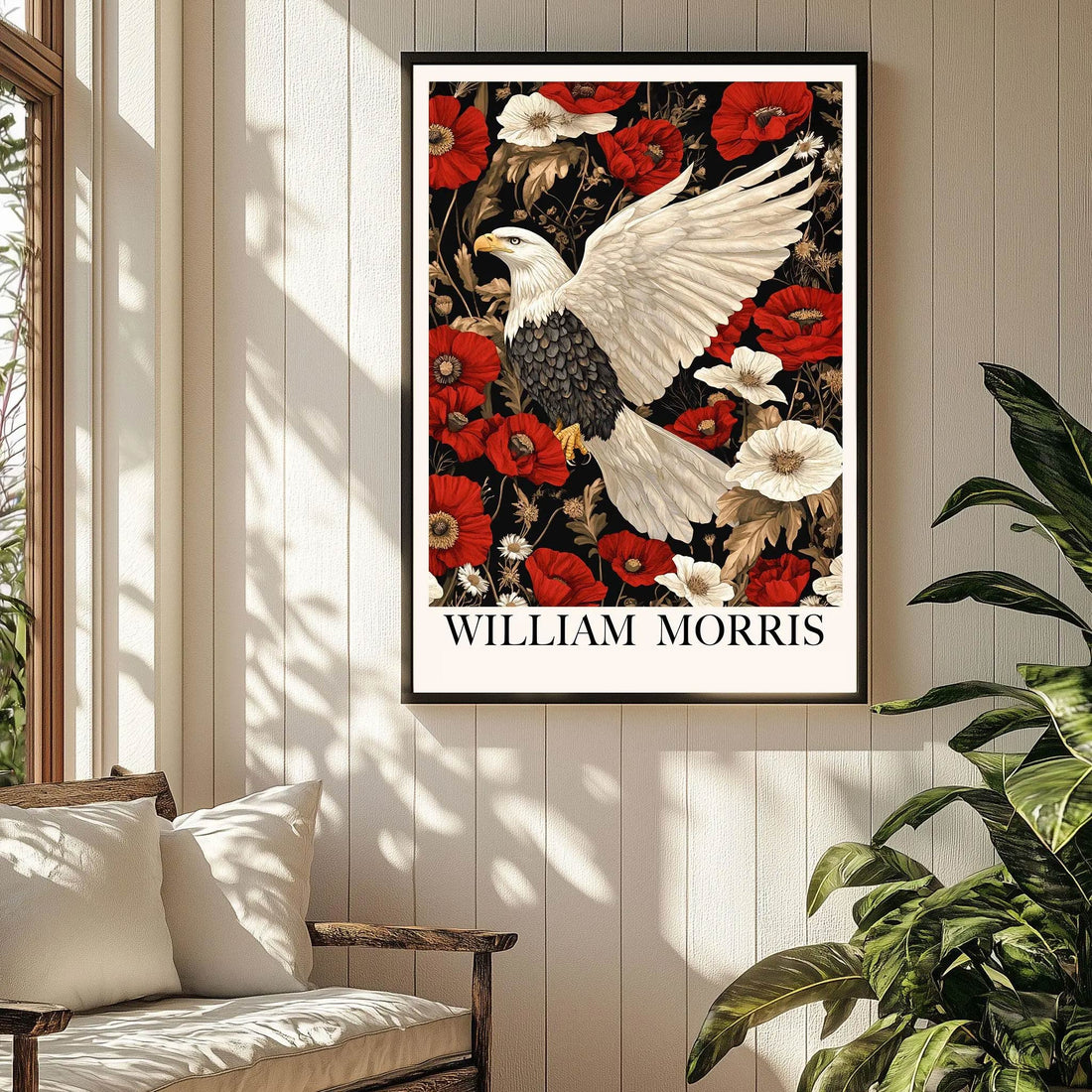 William Morris Style American Eagle Print, featuring a majestic eagle on  red and white flowers  Vintage Style Poster for bedroom, living room and gallery wall decor. Available as poster, and framed print.