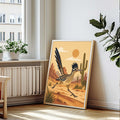 retro Greater Roadrunner desert art print. Features a mid-century modern running bird illustration with a terracotta cactus landscape.