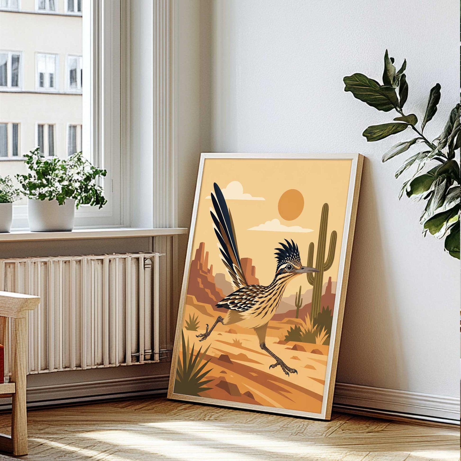 retro Greater Roadrunner desert art print. Features a mid-century modern running bird illustration with a terracotta cactus landscape.