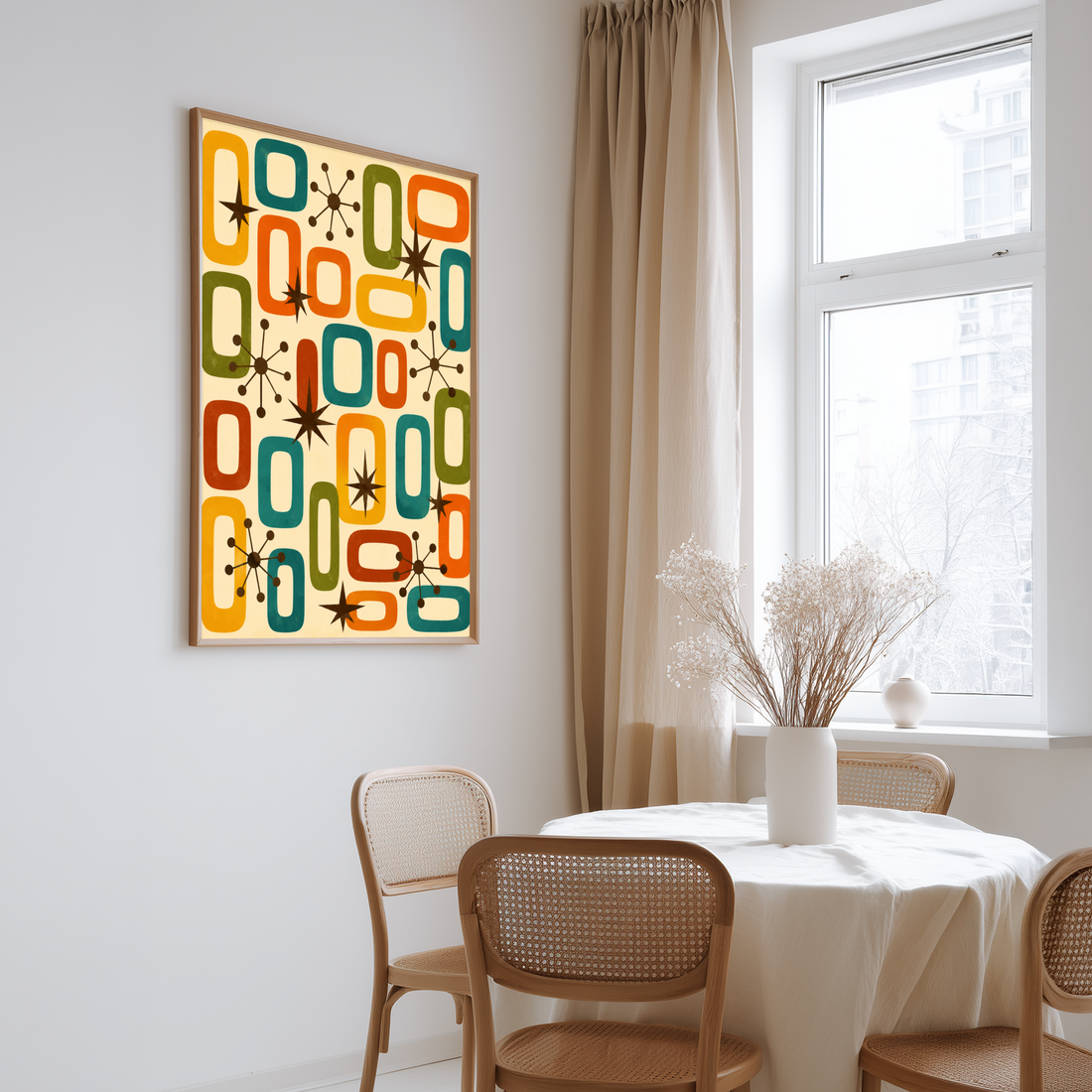 Mid century atomic poster artwork with a retro-style pattern featuring geometric shapes and starburst designs on a beige background.
