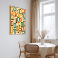 Mid century atomic poster artwork with a retro-style pattern featuring geometric shapes and starburst designs on a beige background.