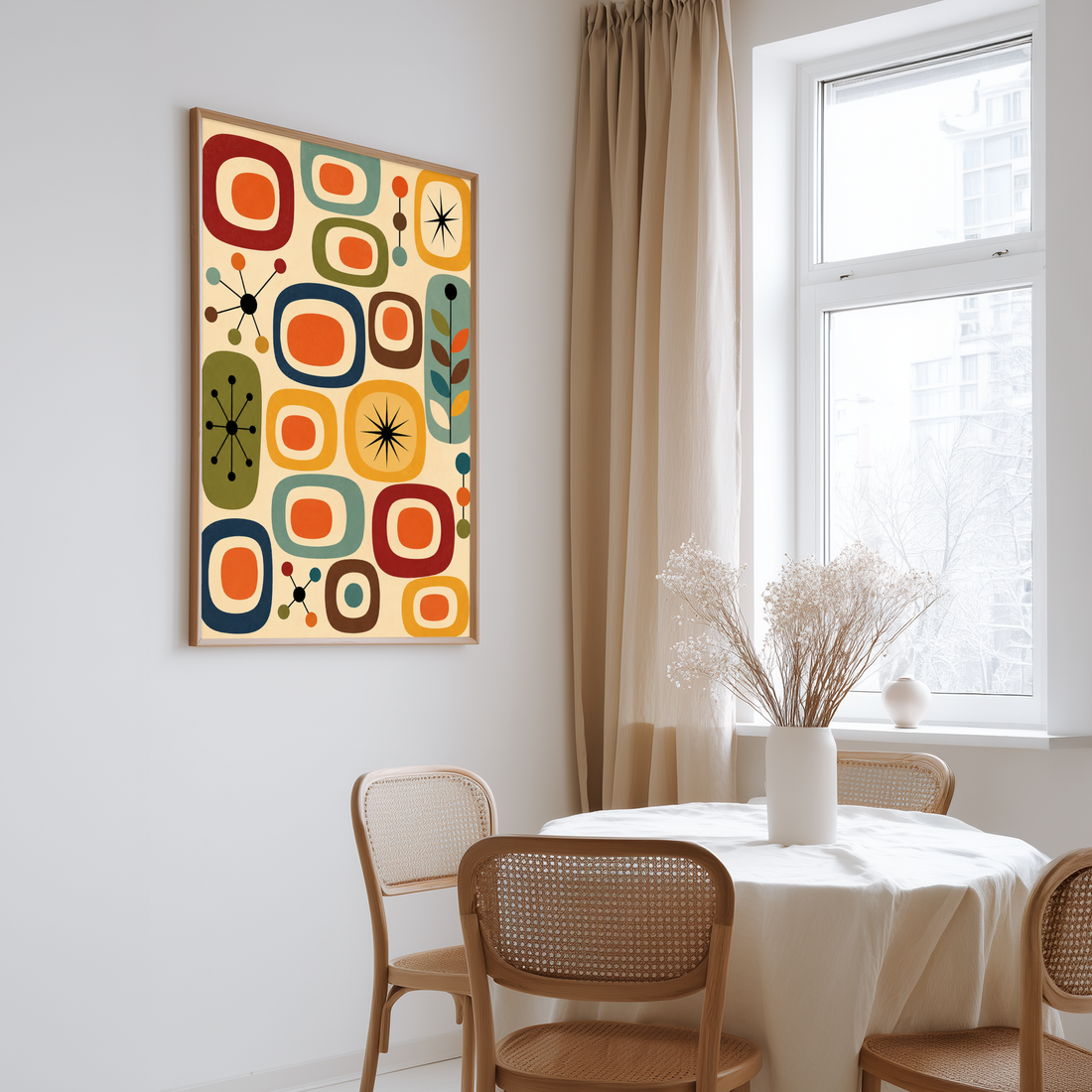 Mid Century Atomic Retro Print with a retro-style pattern featuring geometric shapes and starburst designs on a beige background Colorful abstract patterned poster with geometric shapes on a beige background