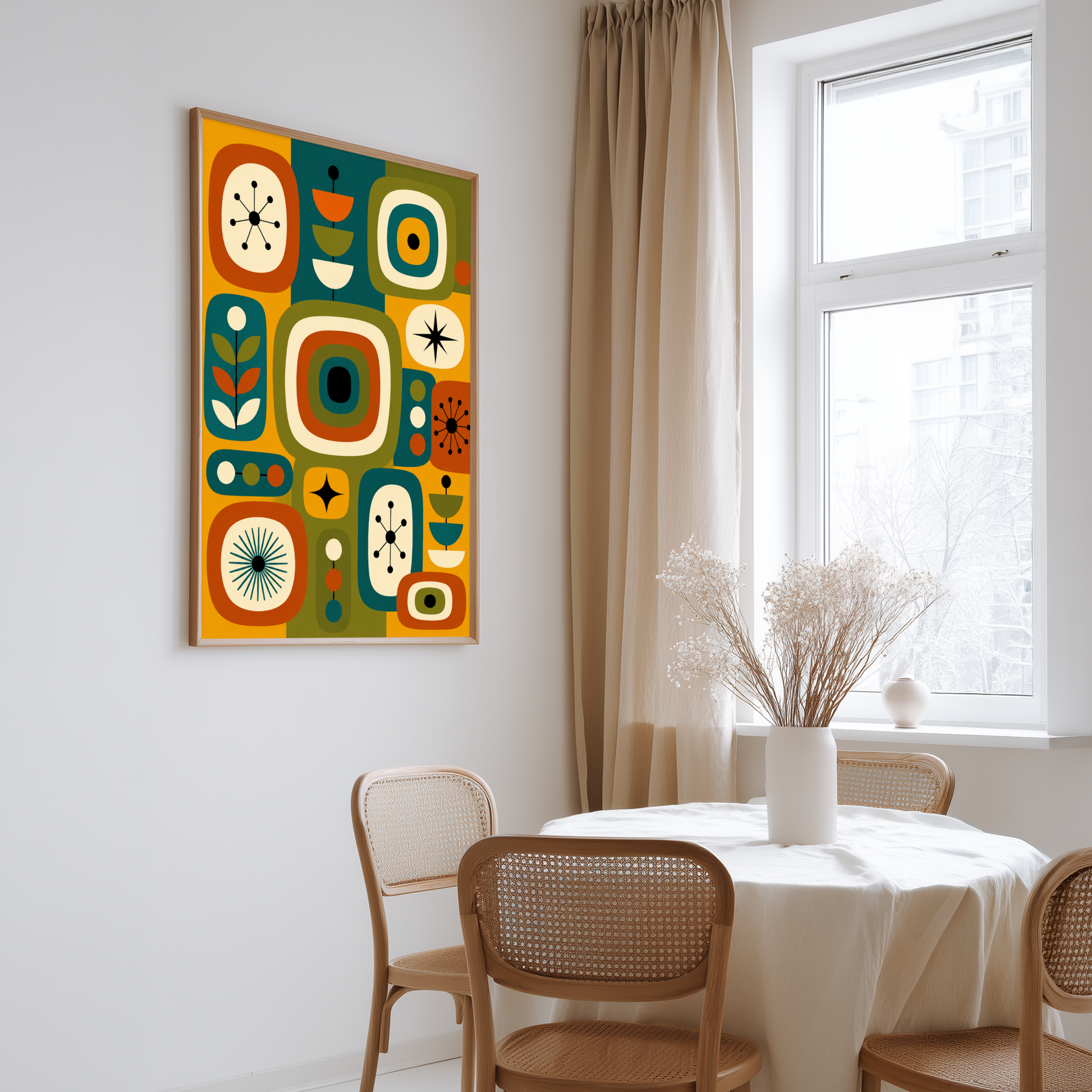 Century Atomic Design Print with a pattern featuring geometric shapes leaf patterns and starburst designs in burnt orange and forest green on a colour blocked background.