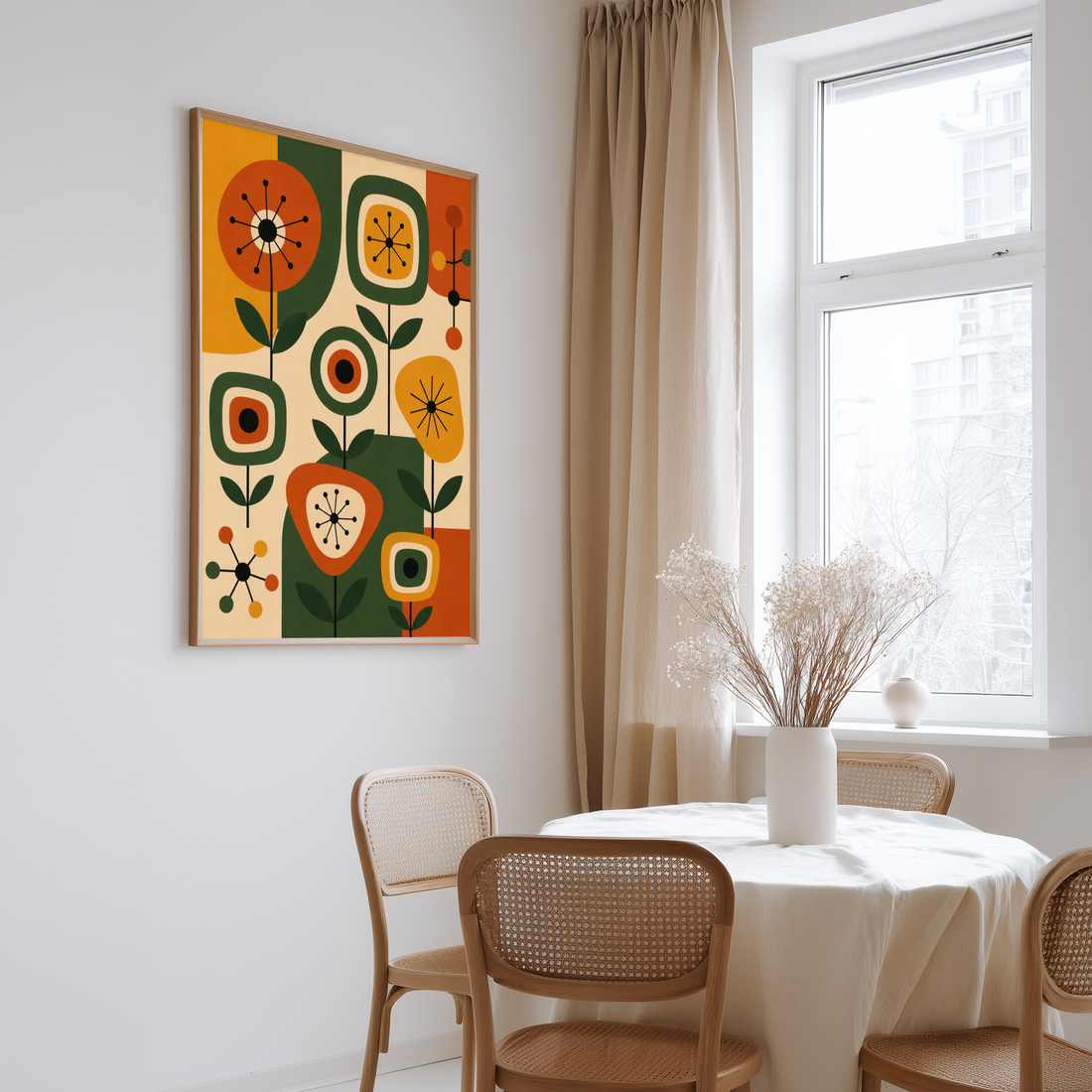 Mid Century Atomic Decor Print with starburst floral pattern designs in burnt orange, forest green, mustard yellow and beige colour blocked background.