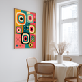 Mid century modern atomic age graphic wall art print featuring retro television shapes, starburst motifs, and geometric lines. The color palette features vibrant pink, turquoise teal, bright orange, olive green, mustard yellow, and black.