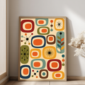 Mid Century Atomic Retro Print with a retro-style pattern featuring geometric shapes and starburst designs on a beige background Colorful abstract patterned poster with geometric shapes on a beige background