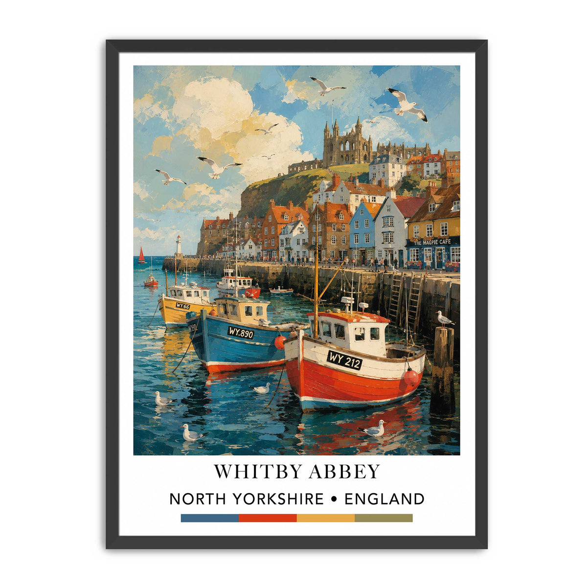 Whitby Harbour print with fishing boats, colourful waterfront buildings and Whitby Abbey in North Yorkshire Whitby Abbey in North Yorkshire, England, featuring a colorful painting of fishing boats in a harbor with seagulls flying overhead, presented in a black frame with a white mat.