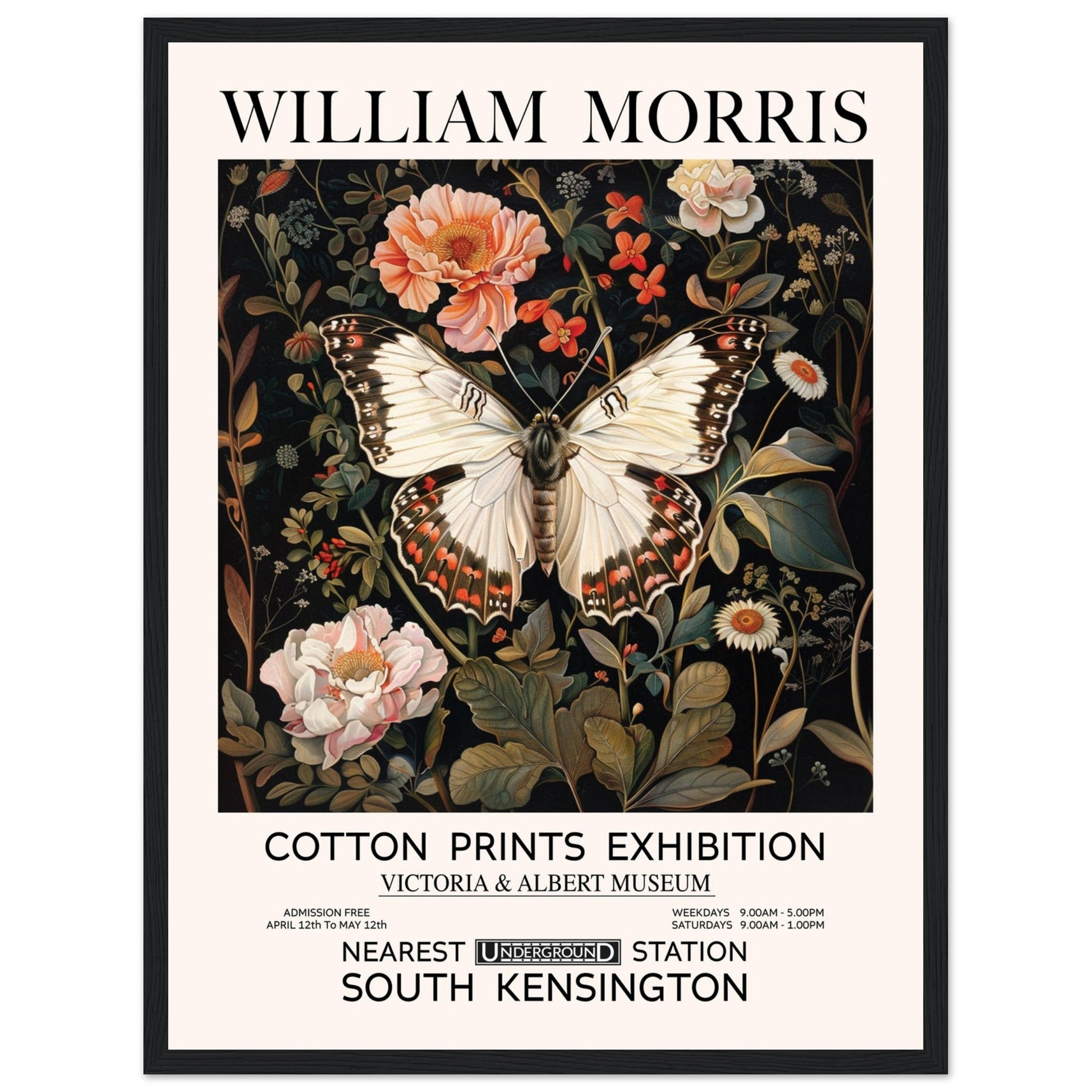 White Butterfly And Flowers - William Morris, Black and white, william morris, william morris framed, #illieeart