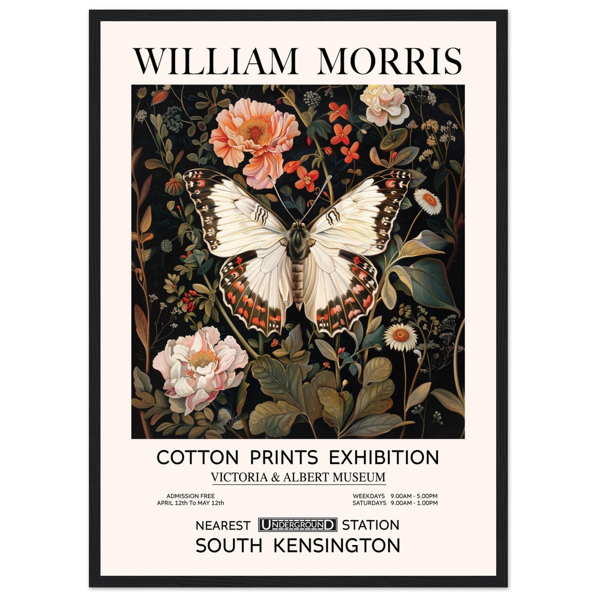 White Butterfly And Flowers - William Morris, Black and white, william morris, william morris framed, #illieeart