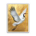 White red-crowned crane flying with wings spread wide against a textured gold background, Japanese crane art print.