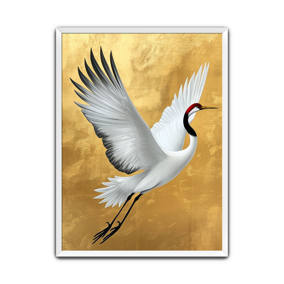 White red-crowned crane flying with wings spread wide against a textured gold background, Japanese crane art print.