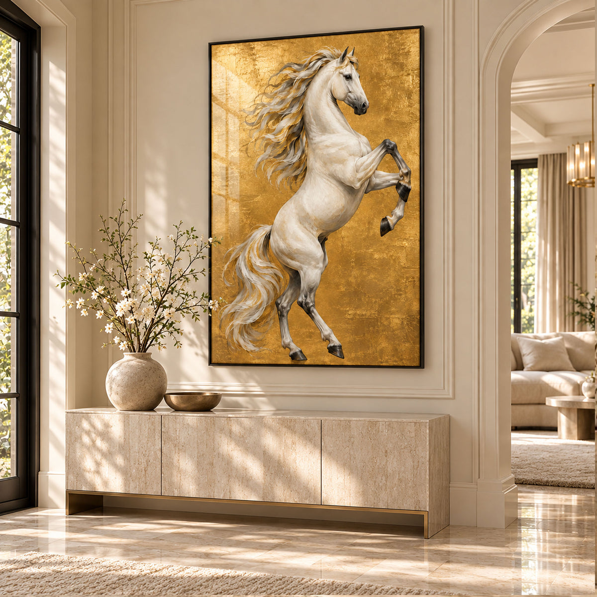 White rearing horse wall art print on a textured gold background featuring flowing mane and detailed equestrian artwork. displayed in a lobby of an elegant home