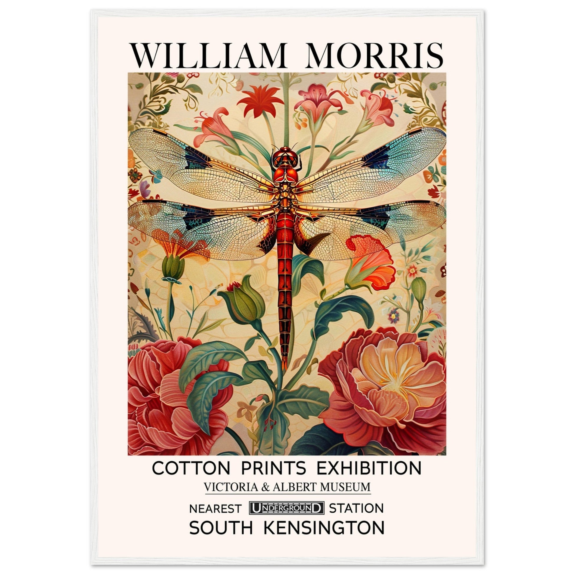 William Morris Framed Print - The Dragonfly, cream, Floral Background, Framed Art print, #illieeart