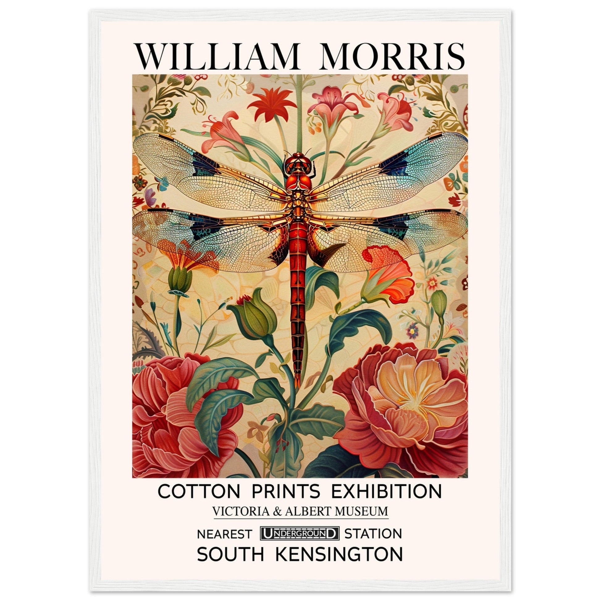 William Morris Framed Print - The Dragonfly, cream, Floral Background, Framed Art print, #illieeart