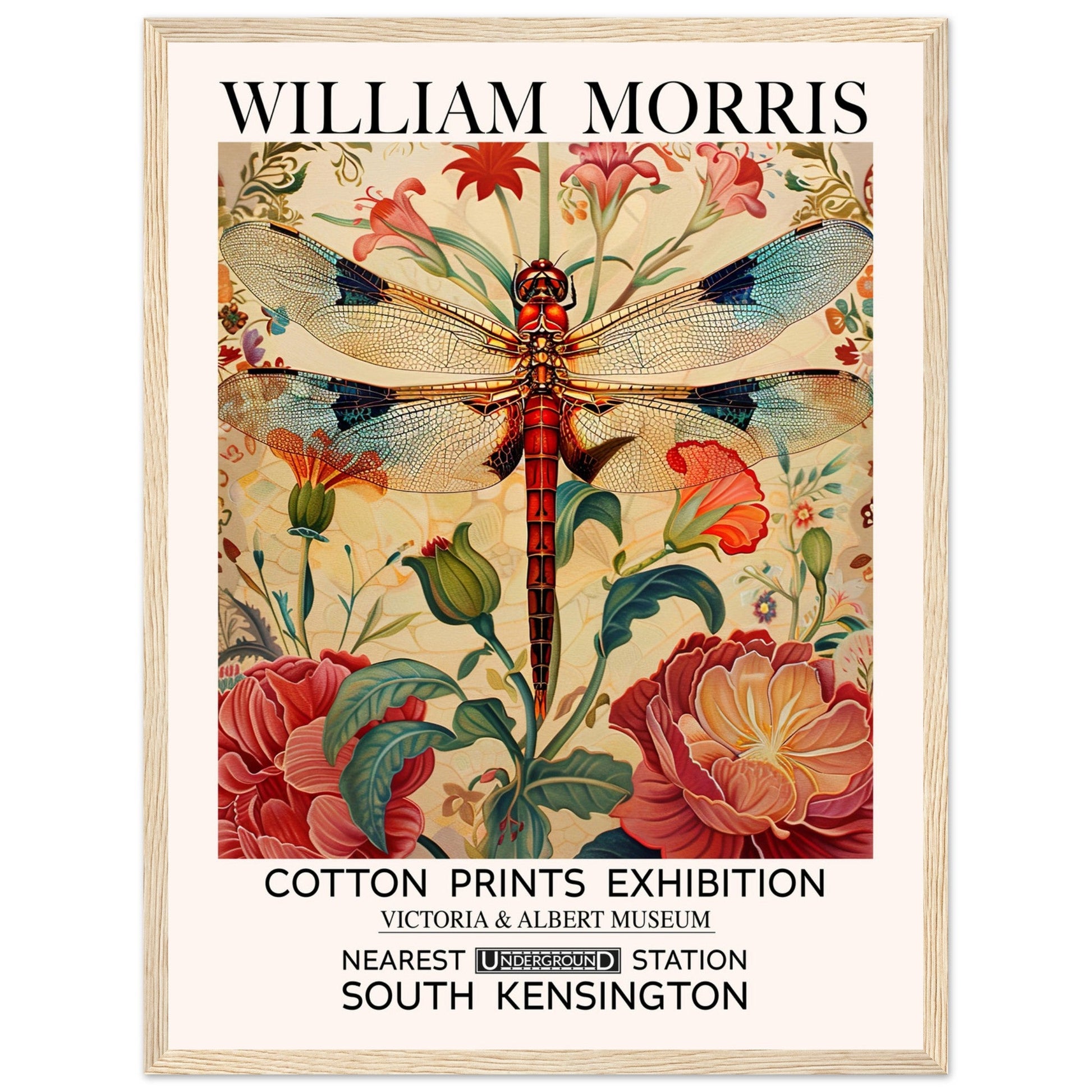 William Morris Framed Print - The Dragonfly, cream, Floral Background, Framed Art print, #illieeart