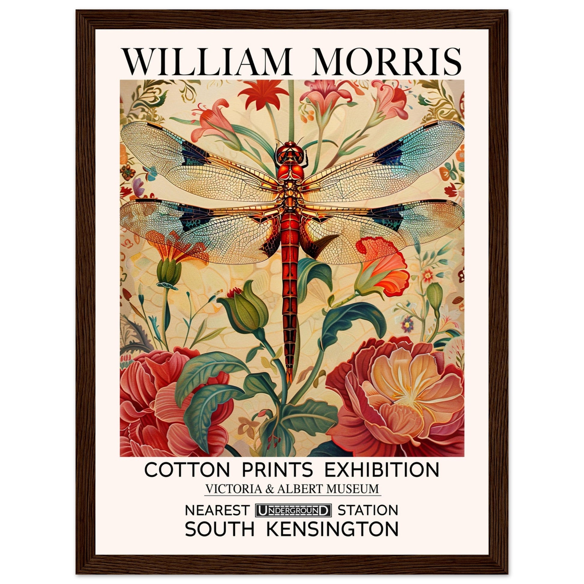 William Morris Framed Print - The Dragonfly, cream, Floral Background, Framed Art print, #illieeart