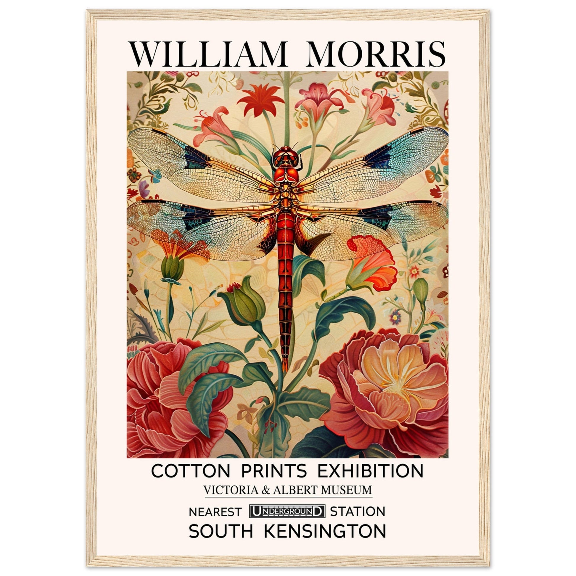 William Morris Framed Print - The Dragonfly, cream, Floral Background, Framed Art print, #illieeart