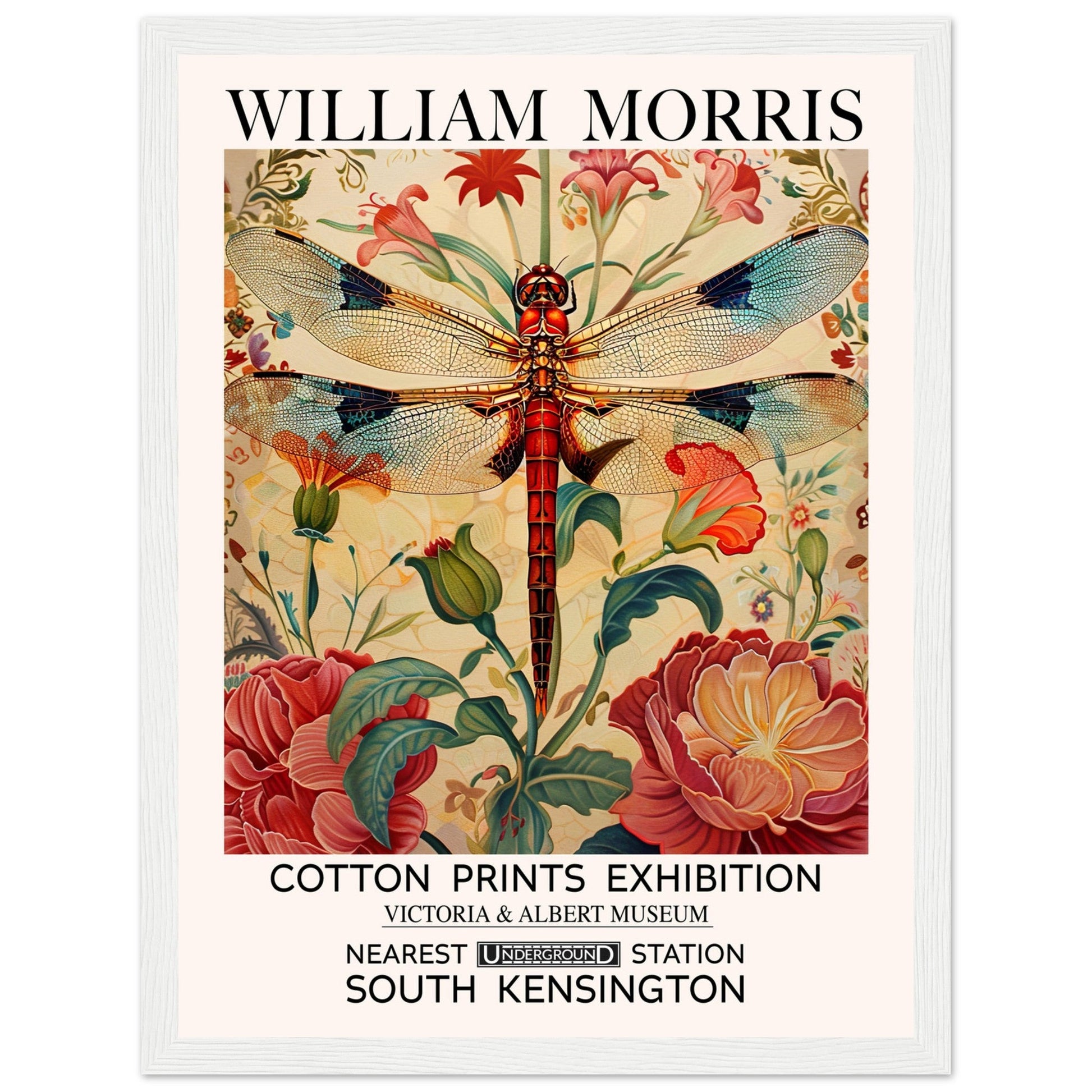 William Morris Framed Print - The Dragonfly, cream, Floral Background, Framed Art print, #illieeart