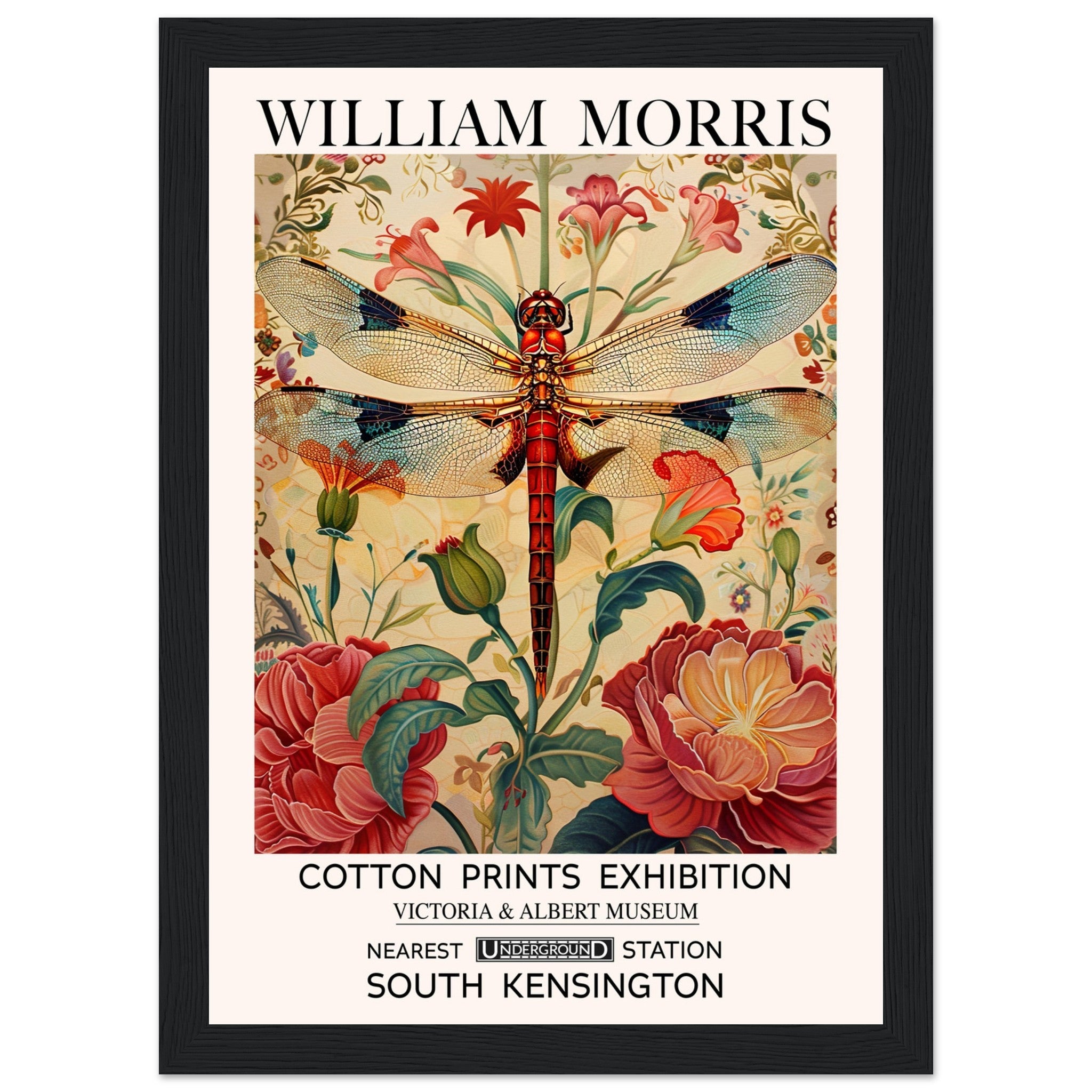 William Morris Framed Print - The Dragonfly, cream, Floral Background, Framed Art print, #illieeart