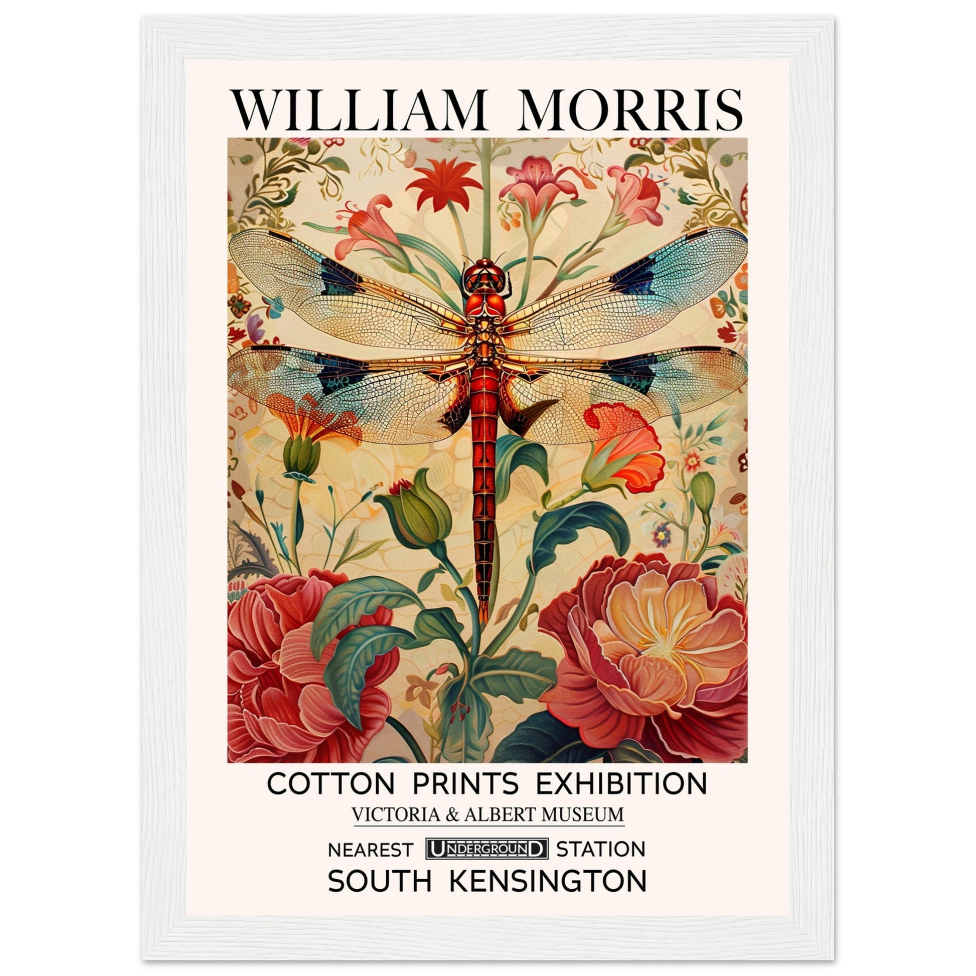 William Morris Framed Print - The Dragonfly, cream, Floral Background, Framed Art print, #illieeart
