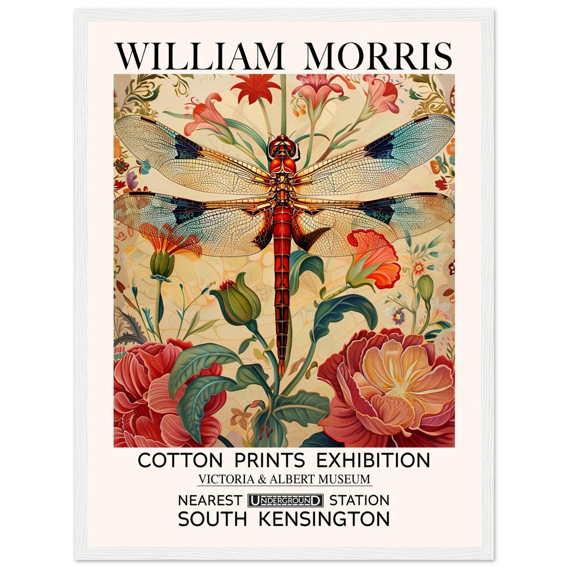 William Morris Framed Print - The Dragonfly, cream, Floral Background, Framed Art print, #illieeart