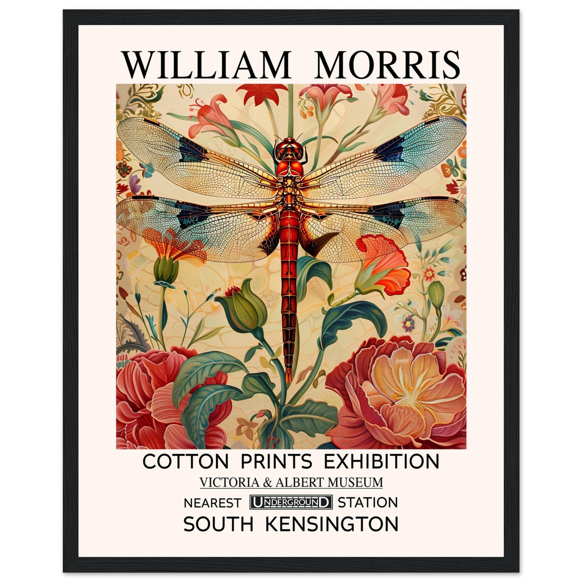 William Morris Framed Print - The Dragonfly, cream, Floral Background, Framed Art print, #illieeart