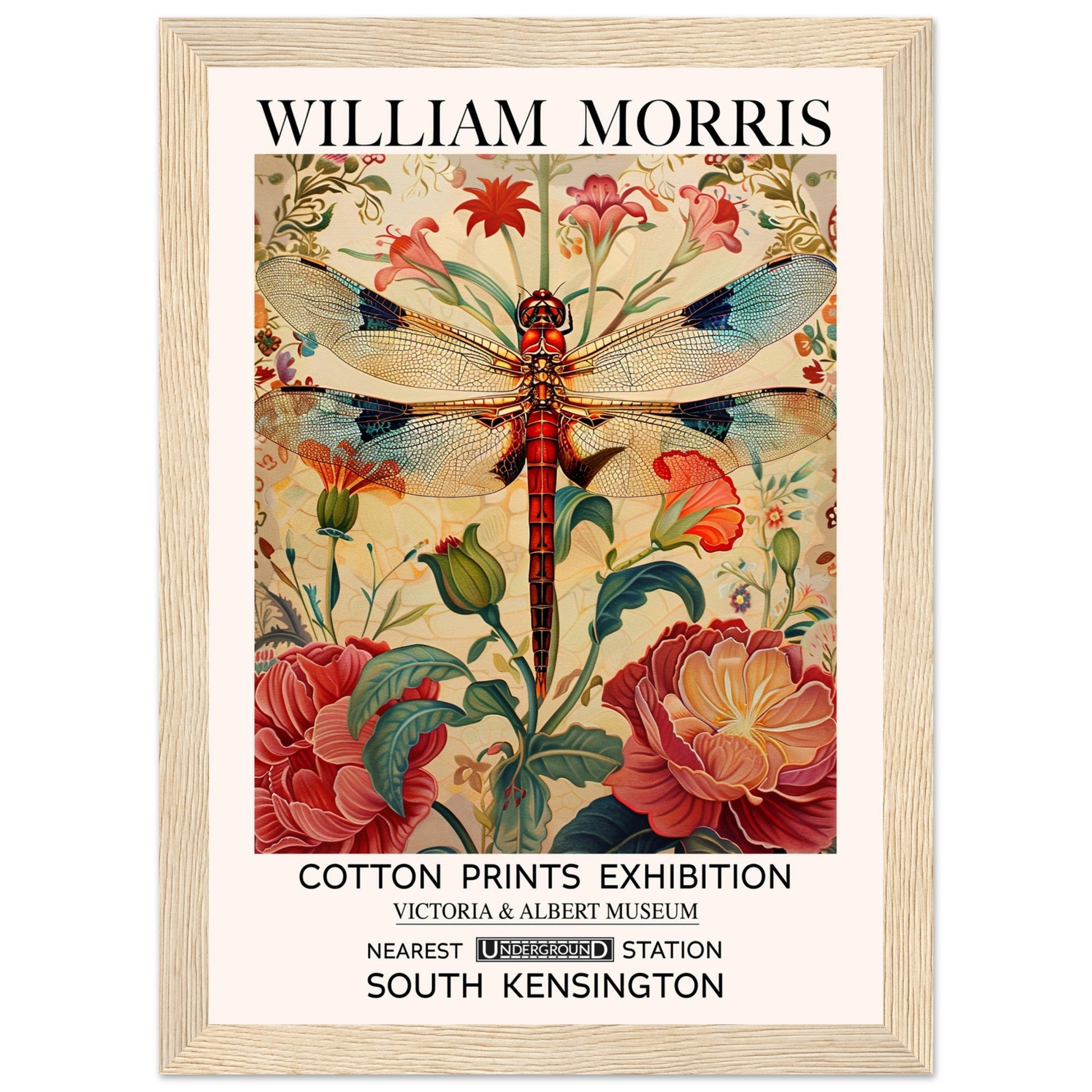 William Morris Framed Print - The Dragonfly, cream, Floral Background, Framed Art print, #illieeart