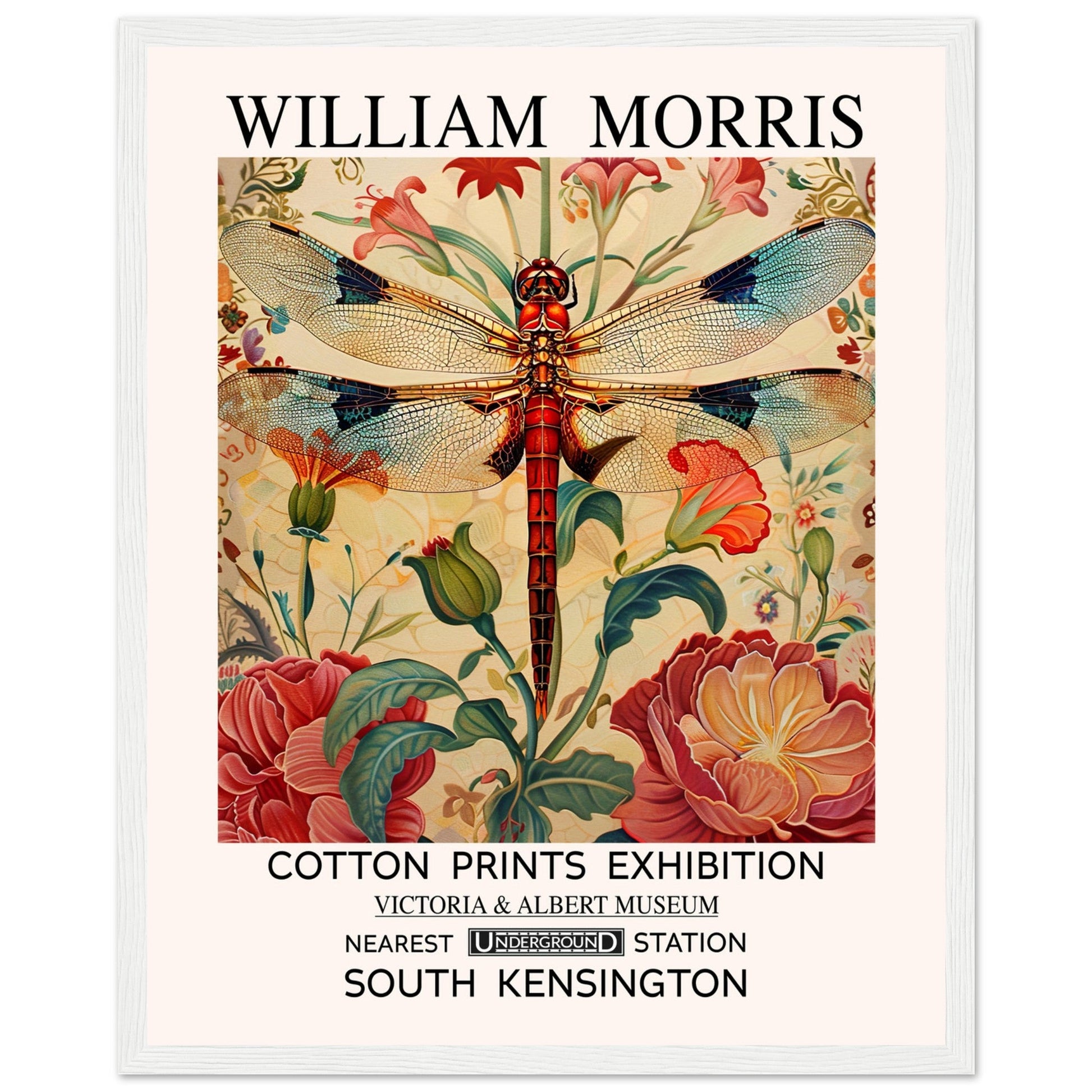 William Morris Framed Print - The Dragonfly, cream, Floral Background, Framed Art print, #illieeart