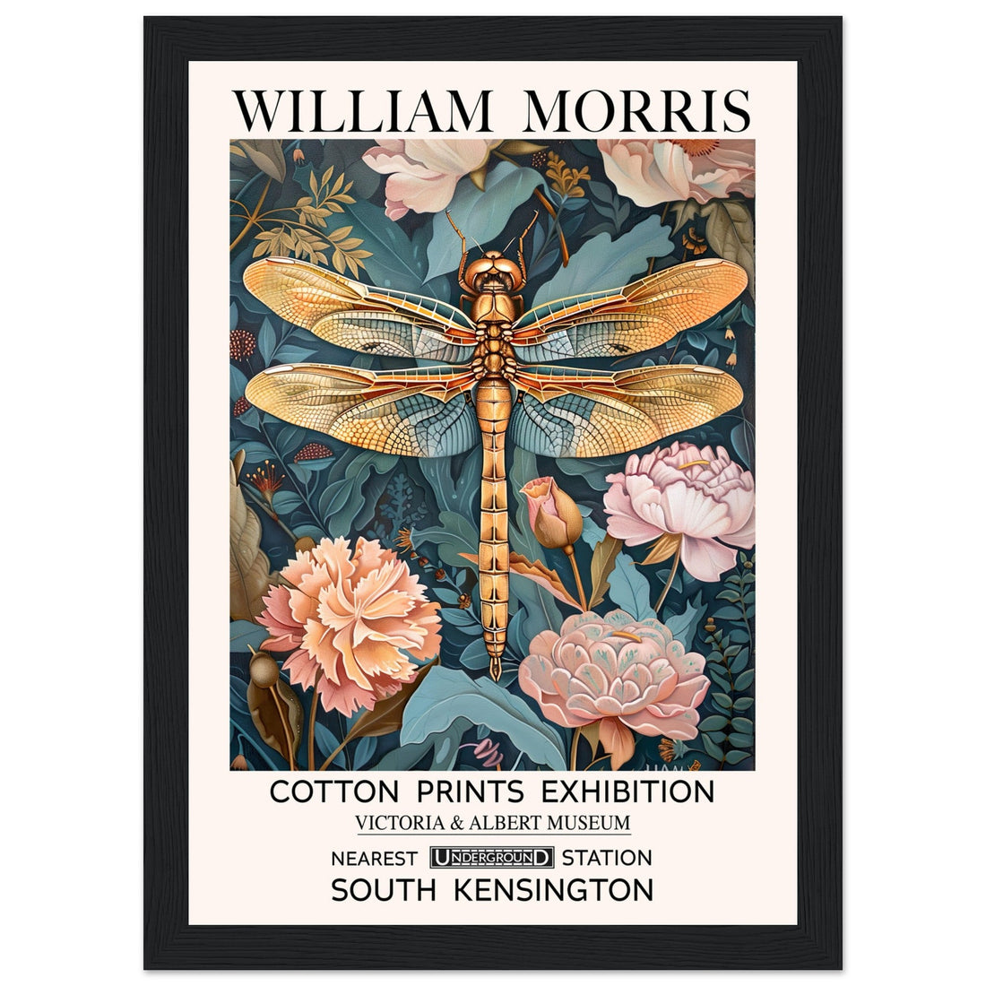 William Morris Framed Print - The Dragonfly, Floral Background, Framed Art print, Teal, #illieeart