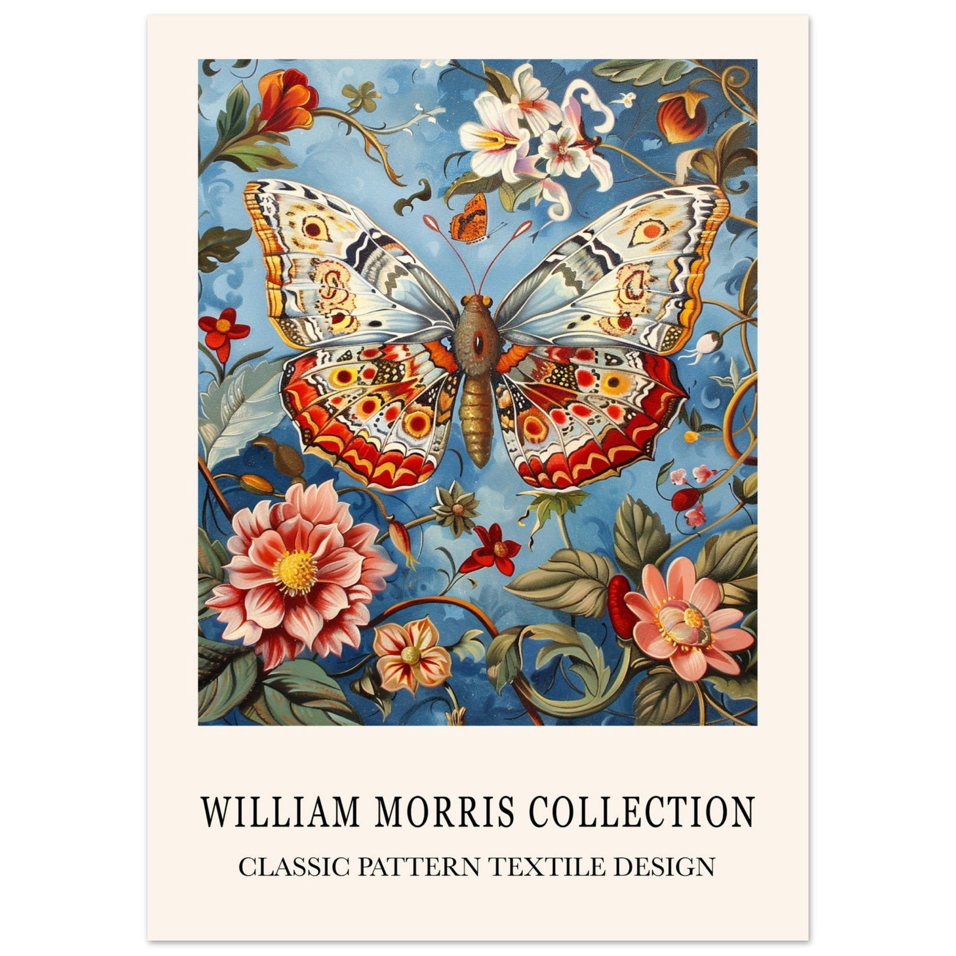 Butterfly And Flowers - William Morris, animal, Arts & Crafts, Blue, #illieeart